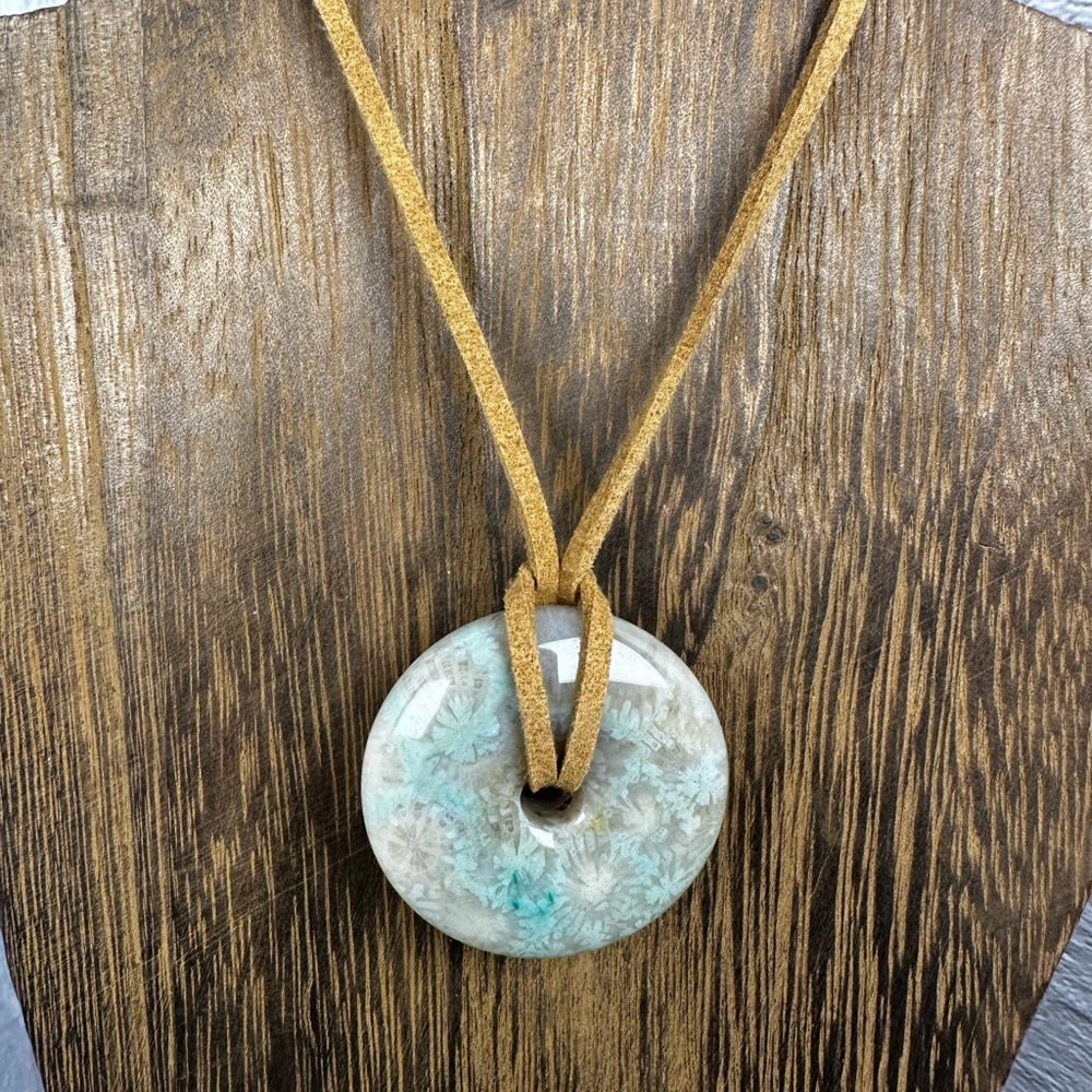 Green Coral Fossil Donut Pendant on Brown Faux Suede - Picture 7 of 11